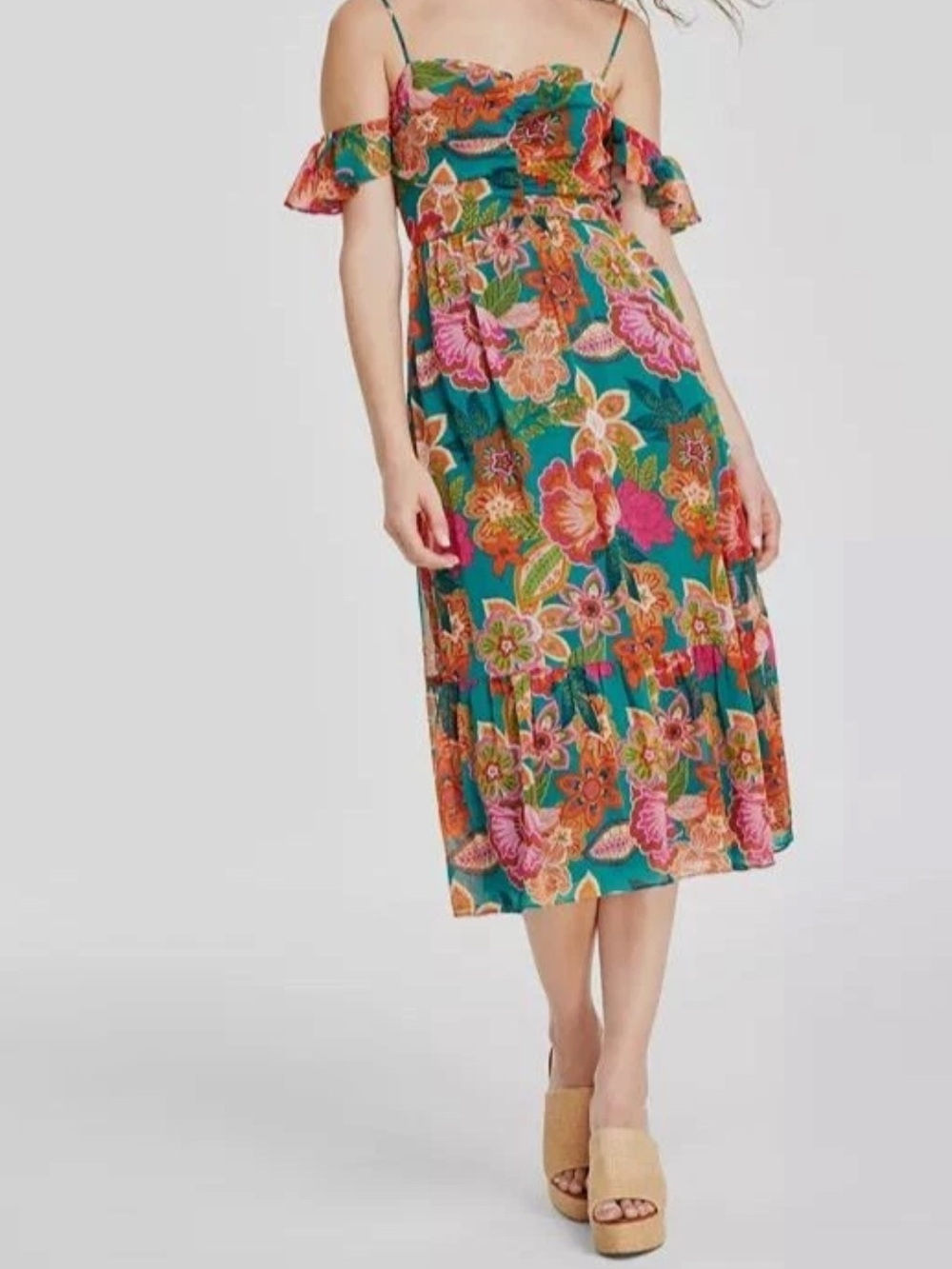 BRAND NEW City Studio Teal and multicolor Floral Midi Off shoulder sundress
